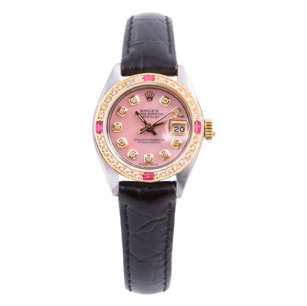 Rolex Ladies 26mm Datejust Pink mop diamond on leather strap